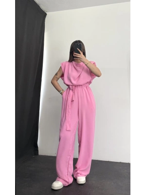 Vatkalı Crep Tulum - Pembe