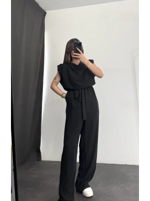 Vatkalı Crep Tulum - Siyah