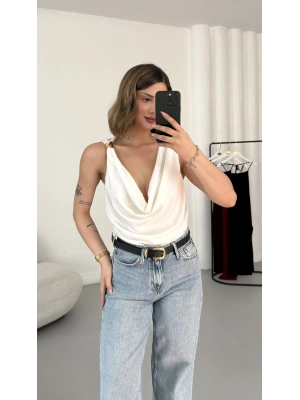 Venice Degaje Yaka Bodysuit - Beyaz