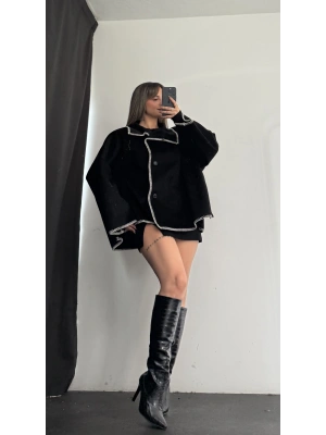 Vika Biyeli Kaşe Ceket - Siyah