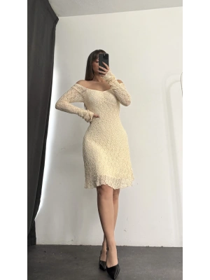 Violett Dantel Elbise - Bej