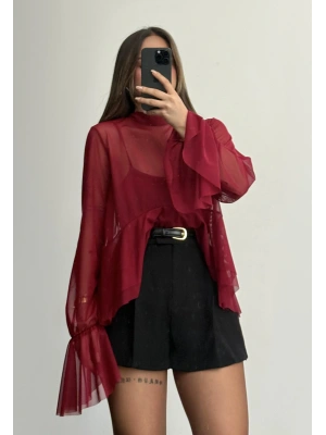 Volanlı Tül Bluz - Bordo