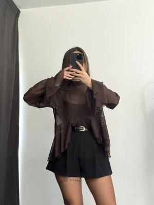 Volanlı Tül Bluz - Kahve