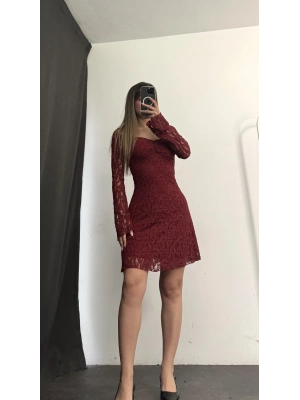 Wanda Mini Dantel Elbise - Bordo