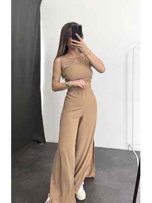 Yırtmaçlı İspanyol Paça Takım - Bej