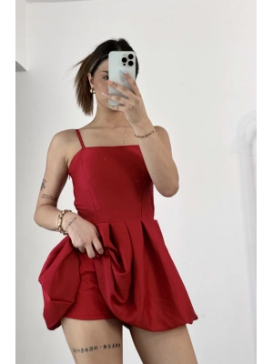 Askılı Balon Elbise -Kırmızı