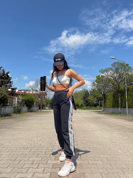 Şeritli Jogger Eşofman-Siyah