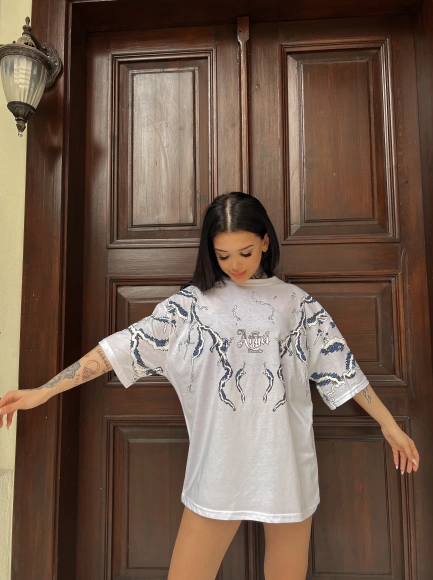 Şimşek Oversize Tshirt-Beyaz