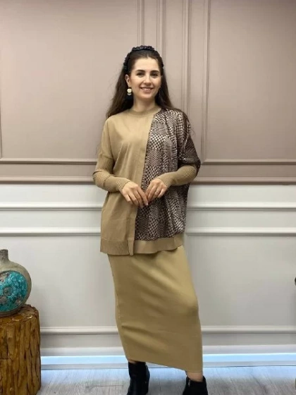 İnvee 5685 Camel Triko Kalem Etek