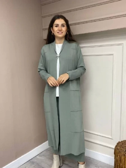 İnvee 6402 Küfrengi Yusufçuk Detaylı Uzun Hırka