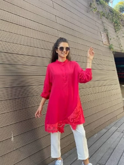 İnvee 6799 Fuşya Güpür Detaylı Tunik