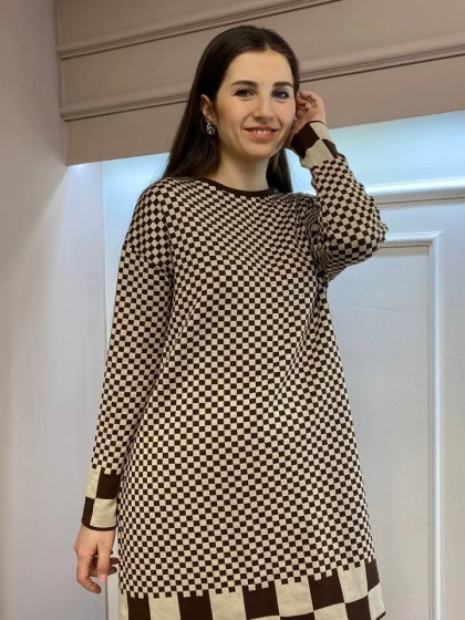 İnvee 6873 Kahve-Bej Küp Desenli Triko