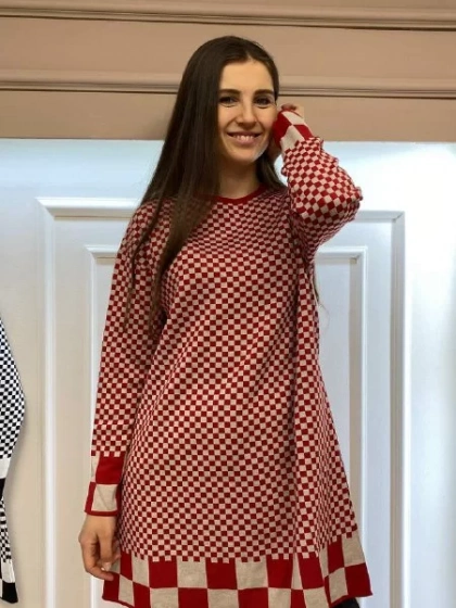 İnvee 6873 Kırmızı-Taş Küp Desenli Triko