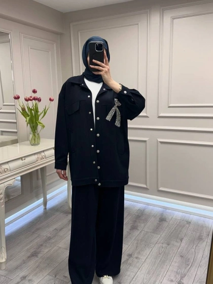 Ghisa 3610T9159 Lacivert Yakası Taşlı İkili Takım