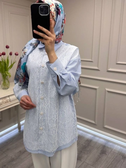 Ghisa 3610T4316 Mavi Önü Dantel Detaylı Tunik