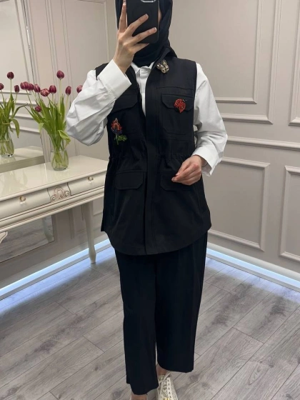 Ghisa 3610T9175 Siyah Broş Detaylı Yelekli Takım