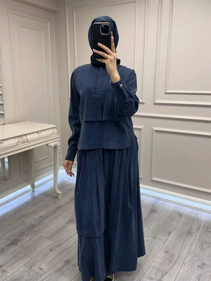 Hilay HLY0126Y101.007 Lacivert Bianca Allerli Asimetrik Etekli Takım