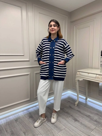 Exquise E26Y06225002 Lacivert Beyaz Gaetan Triko Hırka