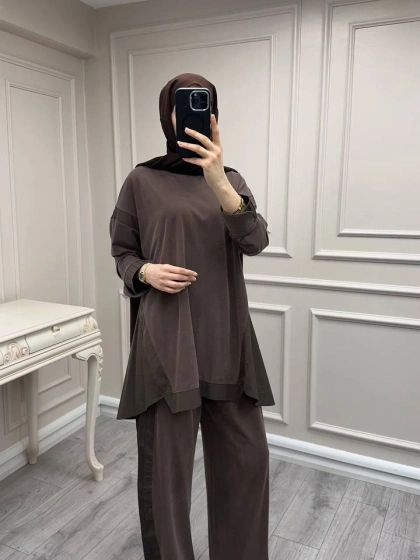 Hilay HLY0126K101.036 Kahve Icon Nervürlü Garni Kumaşlı Takım