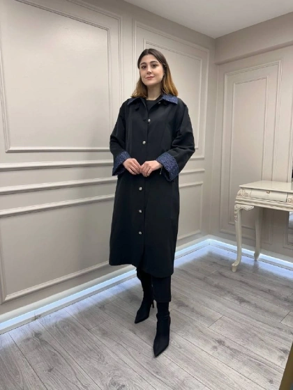 Ghisa 3610T2700 Siyah Bilek Ve Yaka Detaylı Trenç