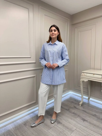 Ghisa 3610T4318 Mavi Çizgi Ve İnci Detaylı Tunik