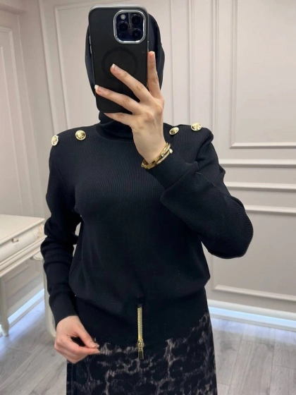 Ghisa 3620T4863 Siyah Vatkalı Fermuar Detaylı Merserize Tunik