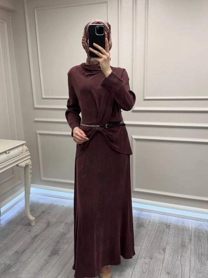 Wennora 1002 Bordo Kemer ve Bel Detaylı Elbise