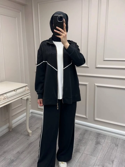 Nuss Triko 26Y1095 Siyah Biye Detaylı Takım