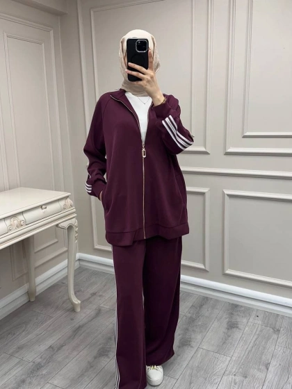 Nuss Triko 26Y1092 Mürdüm Şerit Detaylı Takım