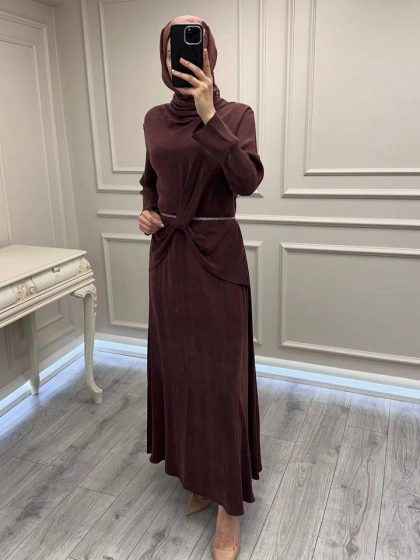 Wennora 1002 Bordo Kemer ve Bel Detaylı Elbise
