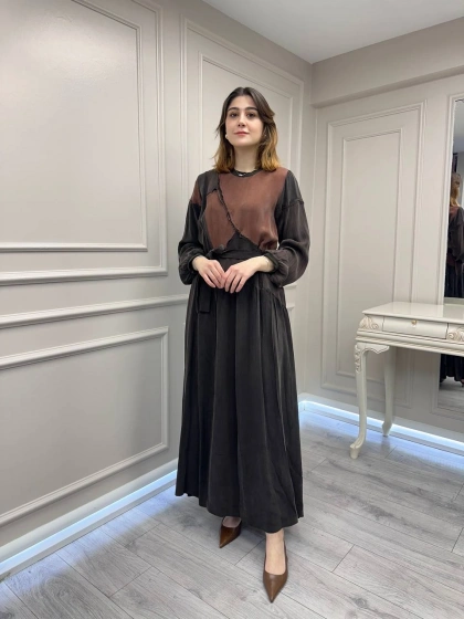 Misswhence 39801 Kahverengi İki Renkli Elbise