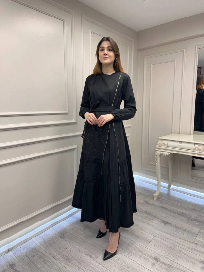 Misswhence 39807 Siyah Fermuar Ve Güpür Detaylı Elbise