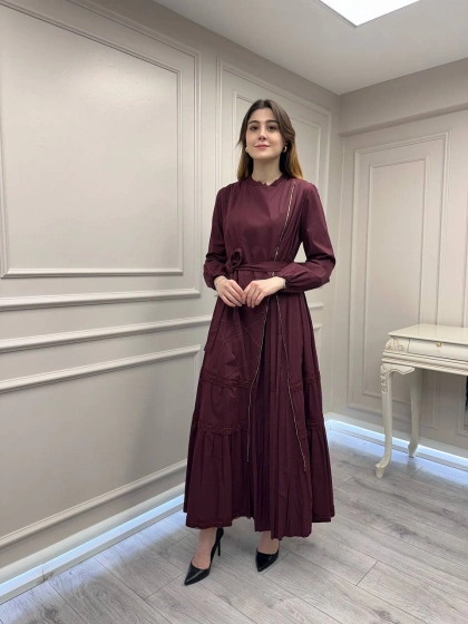 Misswhence 39807 Bordo Fermuar Ve Güpür Detaylı Elbise
