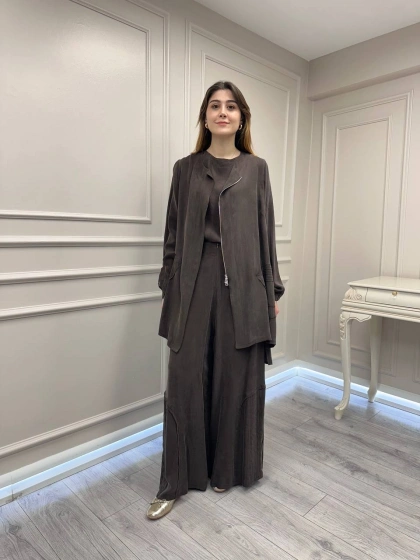 Misswhence 39208 Kahverengi Tunik Arkası Yırtmaçlı Takım