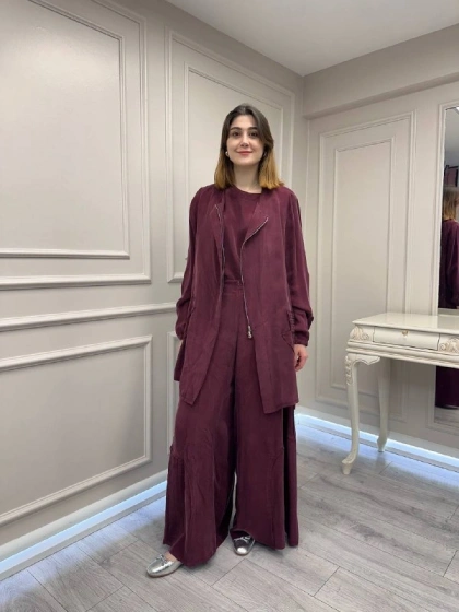 Misswhence 39208 Bordo Tunik Arkası Yırtmaçlı Takım