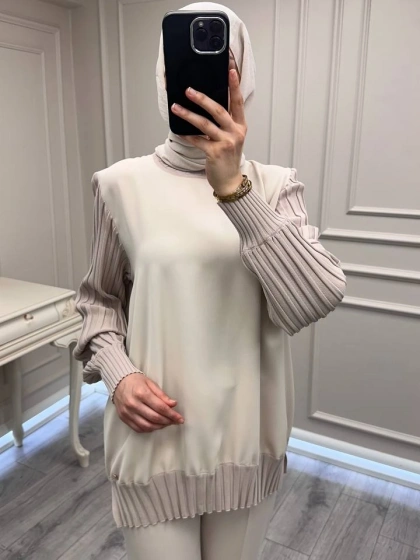 Ghisa 3630T4421 Bej Etek Ucu Ve Kolları Merserize Tunik