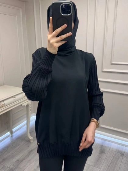 Ghisa 3630T4421 Siyah Etek Ucu Ve Kolları Merserize Tunik