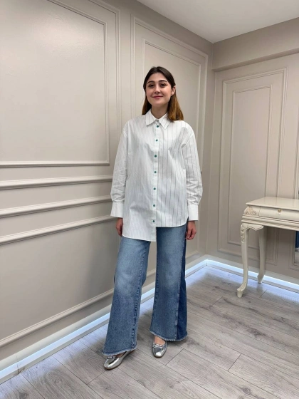 Venöve 26SSGOM0001 Yeşil Çizgili Elsi Gömlek