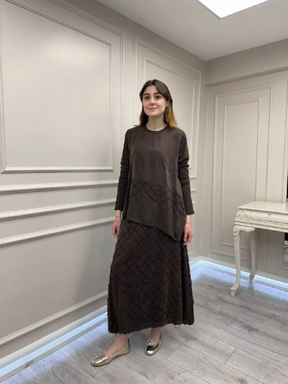 Misswhence 39002 Kahverengi Tunik Etek Takım