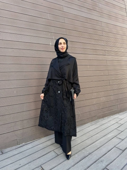 Misswhence 39400 Siyah Güpür Detaylı Kap