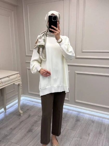 Ghisa 3630T4321 Ekru Kolları Merserize Detaylı Tunik
