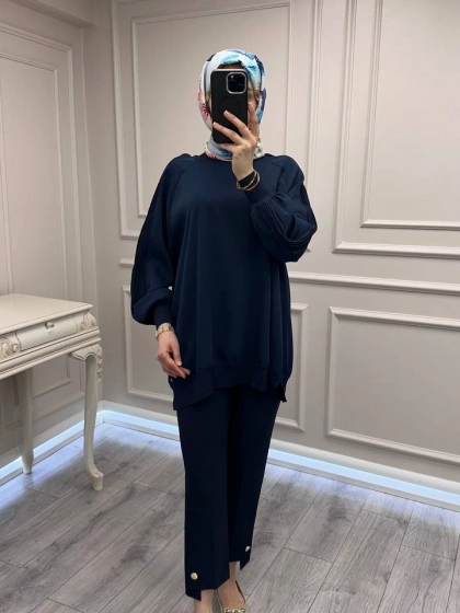 Ghisa 3630T4321 Lacivert Kolları Merserize Detaylı Tunik