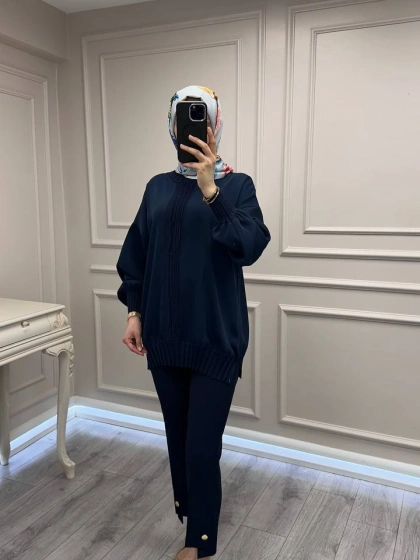 Ghisa 3630T4422 Lacivert Etek Ucu Ve Önü Merserize Detaylı Tunik