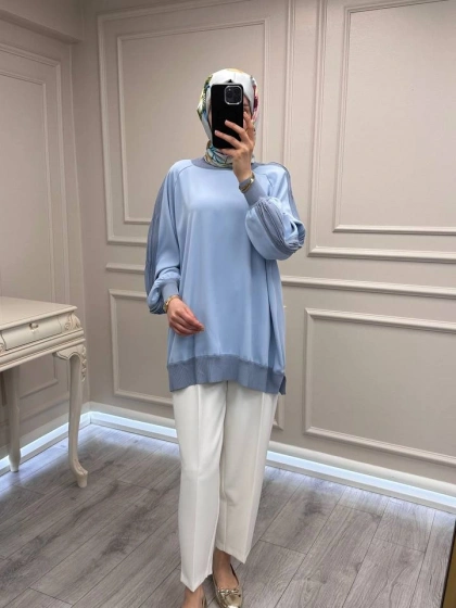 Ghisa 3630T4321 Mavi Kolları Merserize Detaylı Tunik