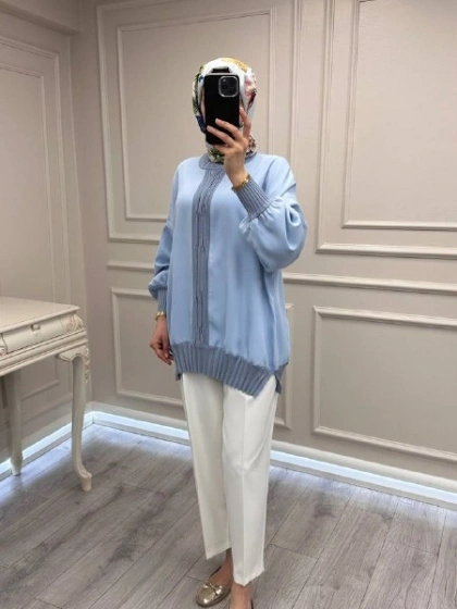 Ghisa 3630T4422 Mavi Etek Ucu Ve Önü Merserize Detaylı Tunik