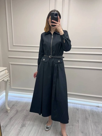 Wennora 1017 Siyah Kemer Detaylı Koton Elbise