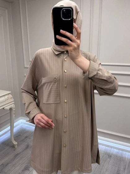 Ghisa 3610T4299 Bej Çizgi ve Cep Detaylı Tunik