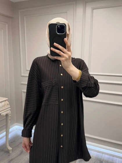 Ghisa 3610T4299 Kahve Çizgi ve Cep Detaylı Tunik