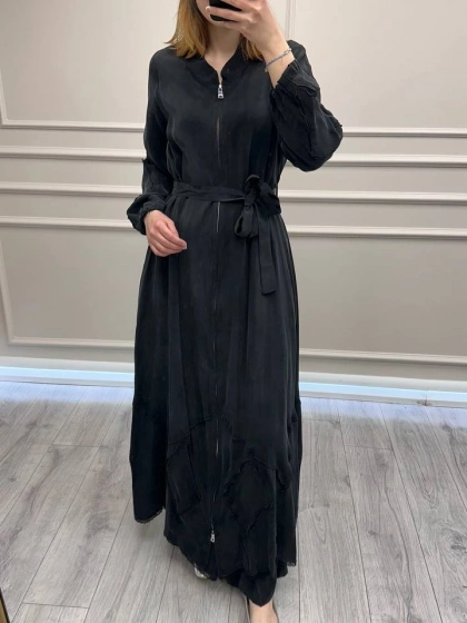 Misswhence 39500 Siyah Etek Ucu Güpür Detaylı Ferace