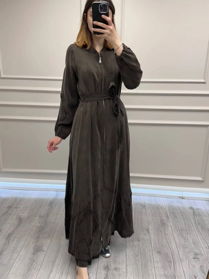 Misswhence 39500 Kahverengi Etek Ucu Güpür Detaylı Ferace